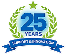 A circular graphic badge celebrating 25 years of support and innovation.