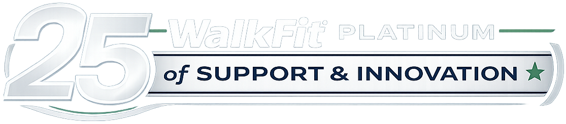 Logo celebrating 25 years of WalkFit Platinum, featuring a silver number 25 next to a banner reading "of SUPPORT & INNOVATION"