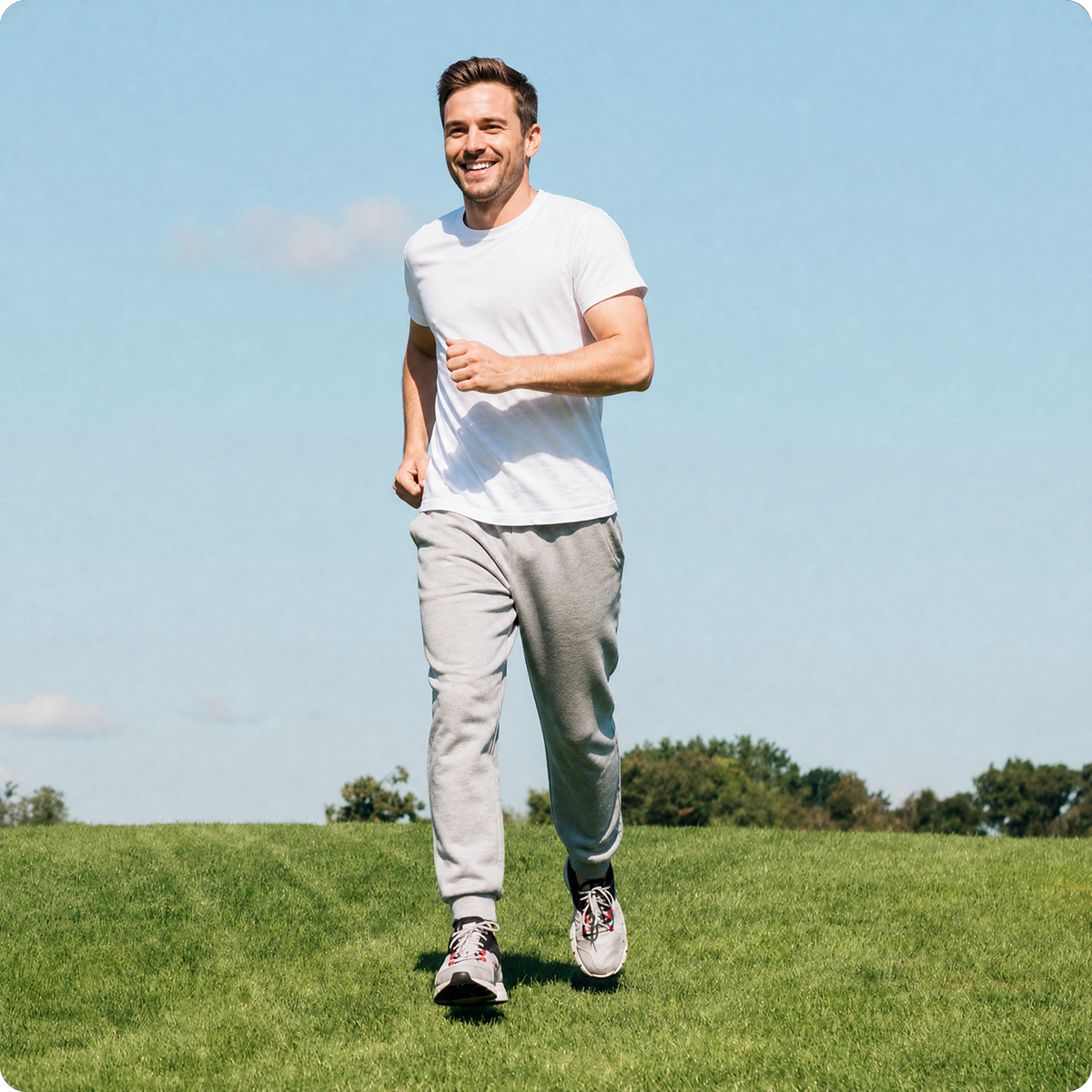 Smiling man in a white t-shirt and grey joggers running on a grassy hill, wearing athletic shoes optimized with supportive shoe inserts.