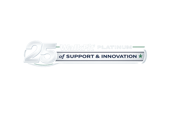 Logo celebrating 25 years of WalkFit Platinum, featuring a silver number 25 next to a banner reading "of SUPPORT & INNOVATION"