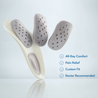 Orthotic shoe inserts with perforated arch support are displayed on a light grey background with text listing benefits: All-Day Comfort, Pain Relief, Custom Fit, and Doctor Recommended.