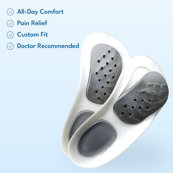 Two white and gray contoured shoe inserts shown on a light blue background with marketing text listing benefits: All-Day Comfort, Pain Relief, Custom Fit, and Doctor Recommended.