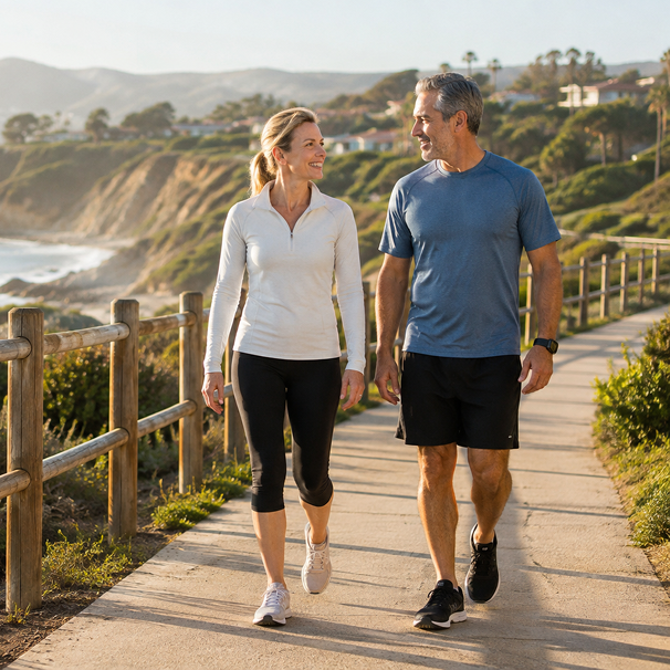 An older couple walking side by side on a wooden boardwalk path outdoors, with a wooden railing and a coastal cliffside landscape in the background.