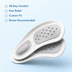Two white and grey custom orthotic shoe insoles shown on a light blue background with text highlighting key features: All-Day Comfort, Pain Relief, Custom Fit, and Doctor Recommended.