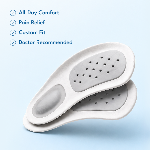 Two white and grey custom orthotic shoe insoles shown on a light blue background with text highlighting key features: All-Day Comfort, Pain Relief, Custom Fit, and Doctor Recommended.
