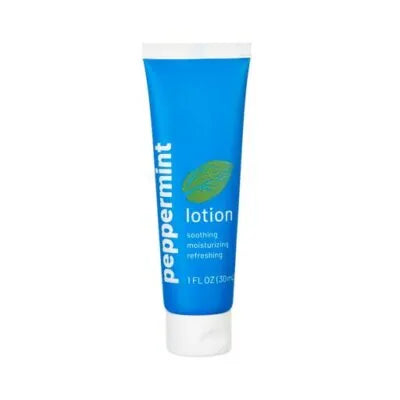 Peppermint lotion in a blue squeeze tube, featuring text for soothing, moisturizing, and refreshing benefits.