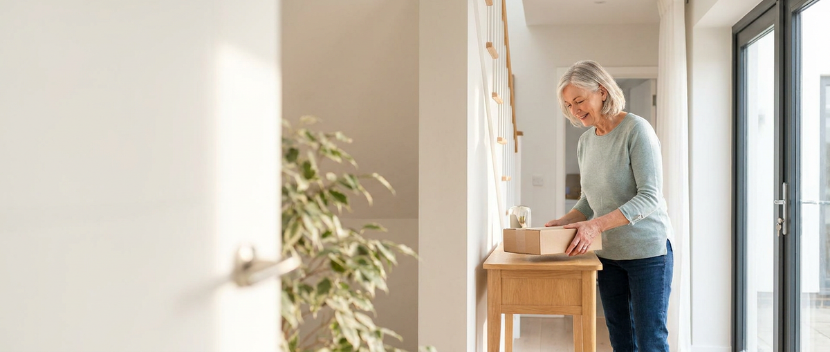 An older woman stands in a bright, modern room, placing a small cardboard box on a light wood side table.